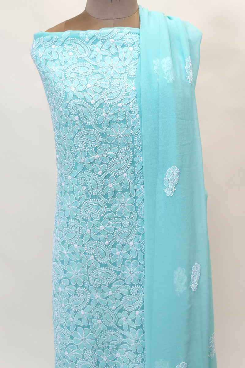 Sea Green Colour Georgette Lucknowi Chikankari 3pcs Unstiched Suit Set