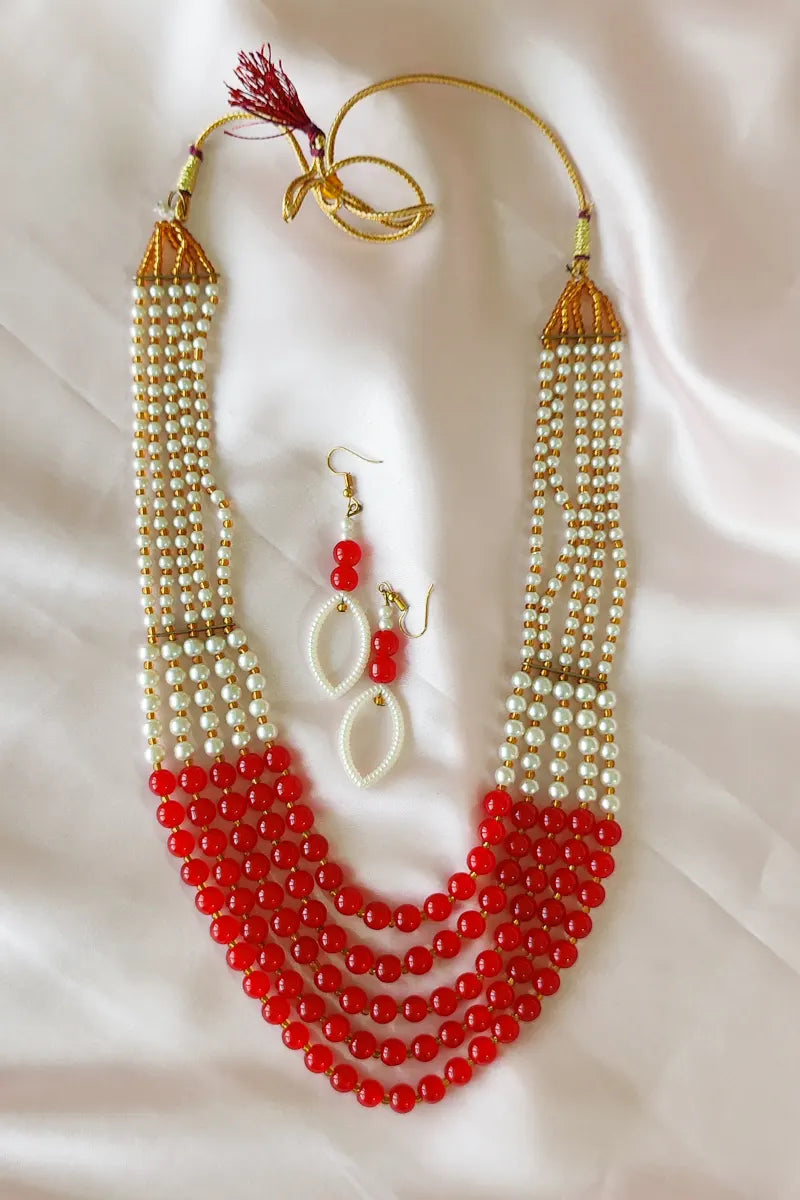 Red & White Color Beaded Layer Neckpiece  With Dangle Earrings