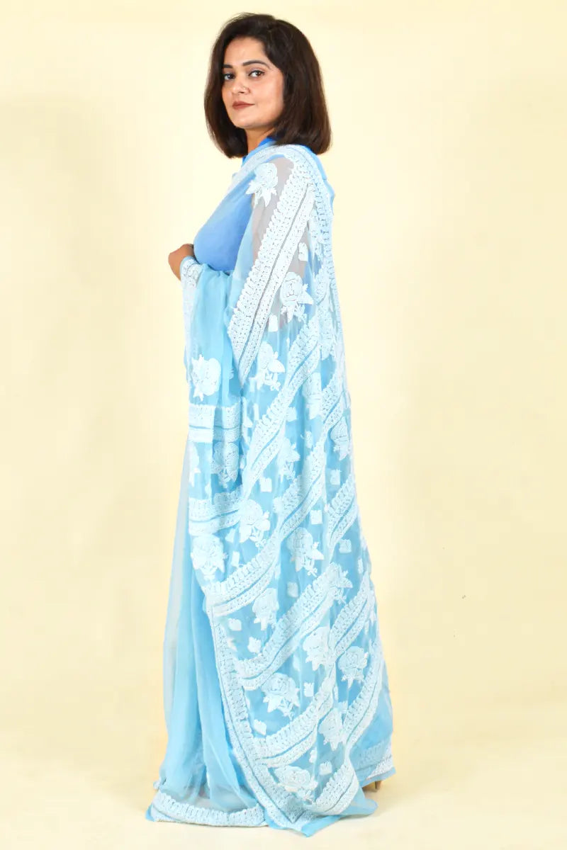 Sky Blue Georgette Lucknowi Chikankari Saree With Blouse