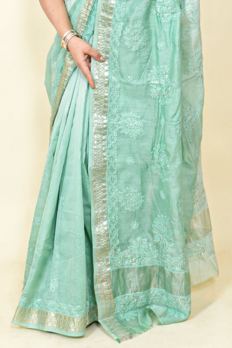 Pista Green Shaded Colour Chanderi Silk Lucknowi Chikankari Saree With Blouse