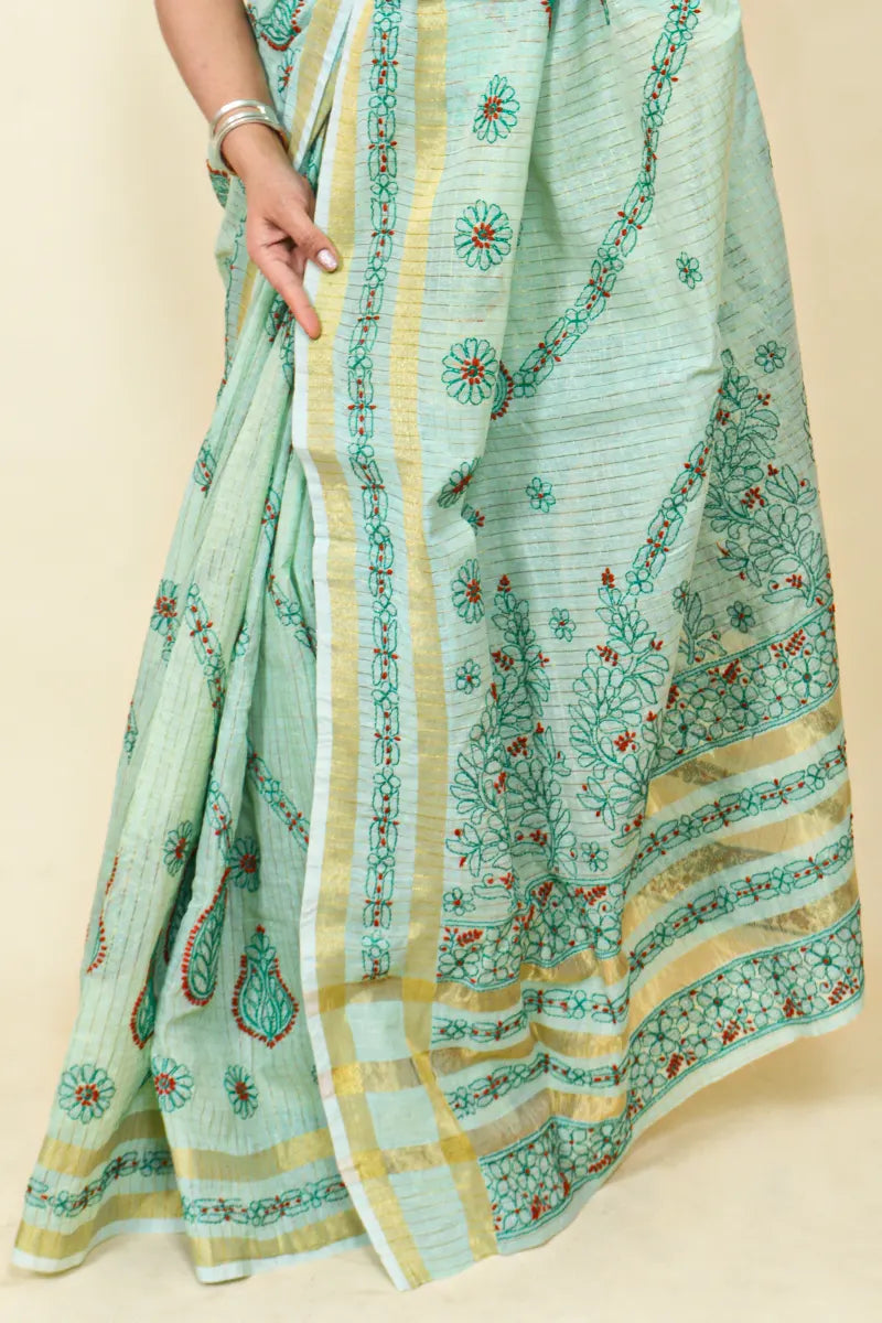 Pista Green Colour Chanderi Cotton Lucknowi Chikankari Saree With Blouse