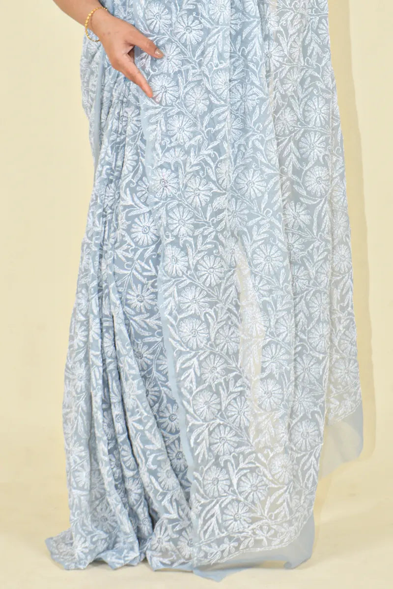 Gray Colour Georgette  Lucknowi Chikankari Saree With Blouse