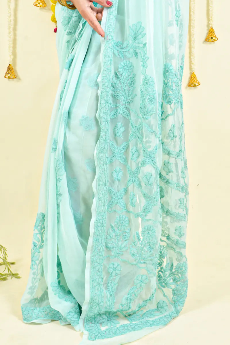 Sea Green Colour Georgette  Lucknowi Chikankari Saree With Blouse