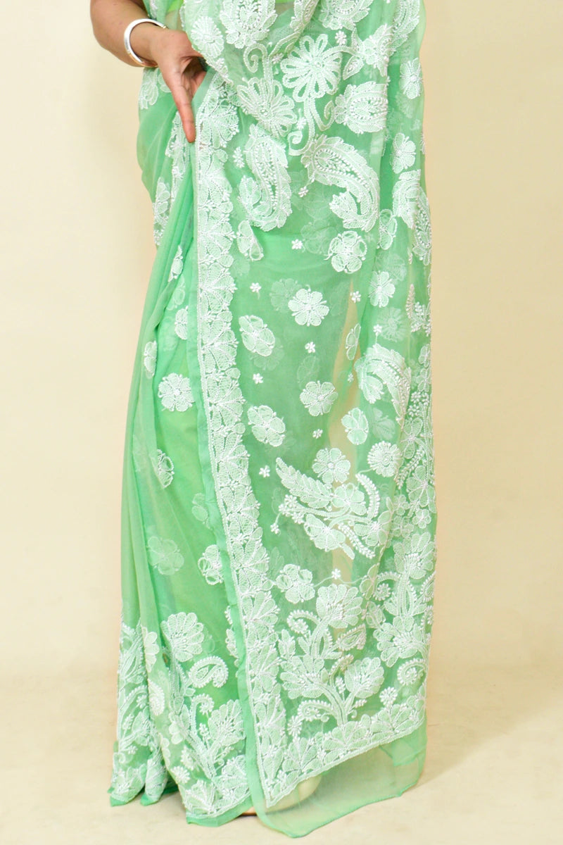 Fabnuma Handcrafted Light Green Georgette Chikankari Saree-Blouse