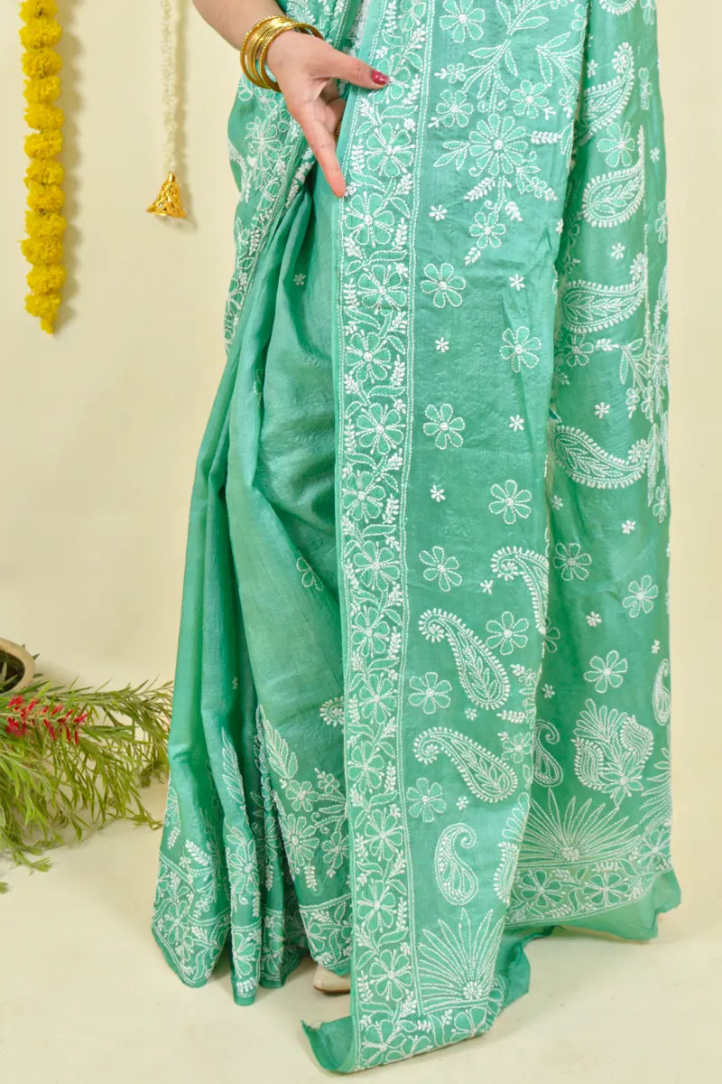 Fabnuma Handcrafted Green Tussar Silk Chikankari Saree-Blouse