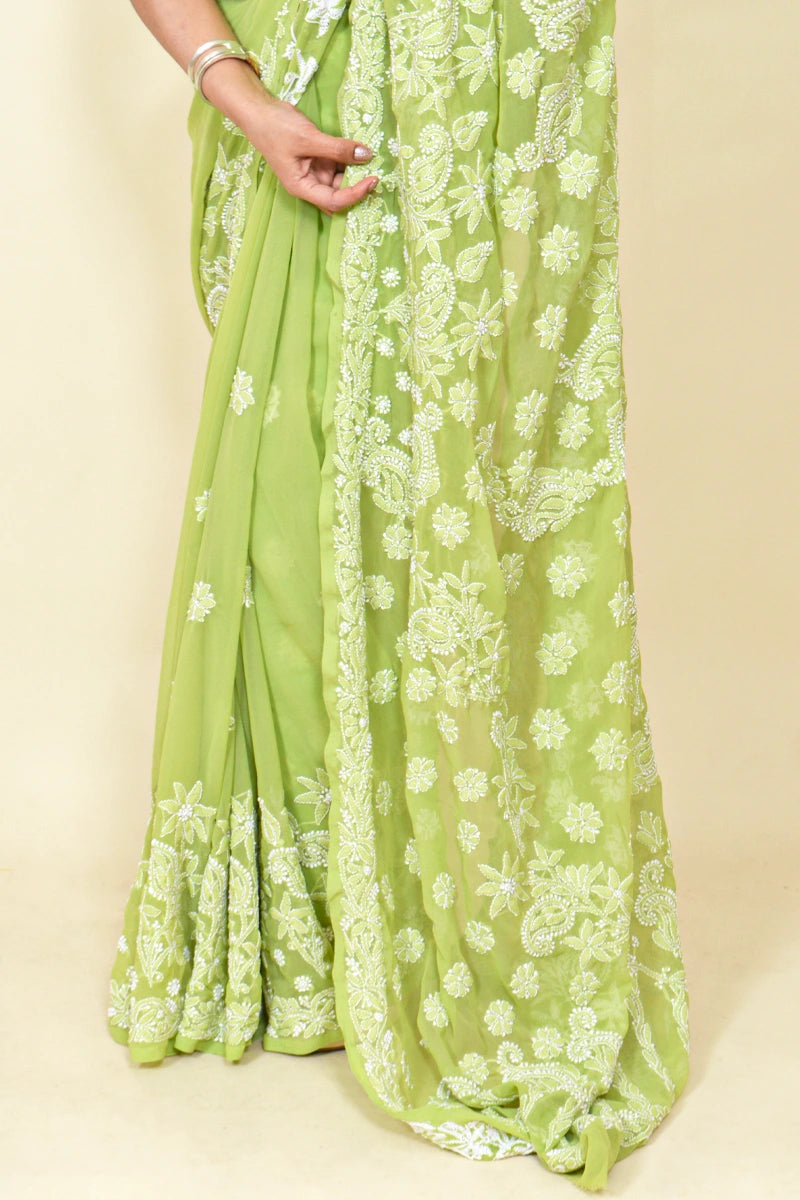 Green Colour Georgette Lucknowi Chikankari Saree With Blouse