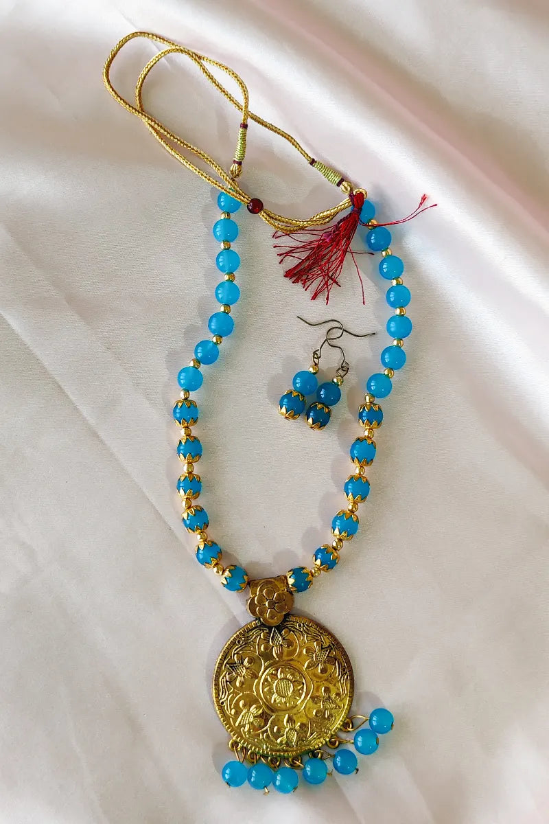 Sky Blue  Color Neckpiece  Golden Oxidise Pendant With Dangle Earrings