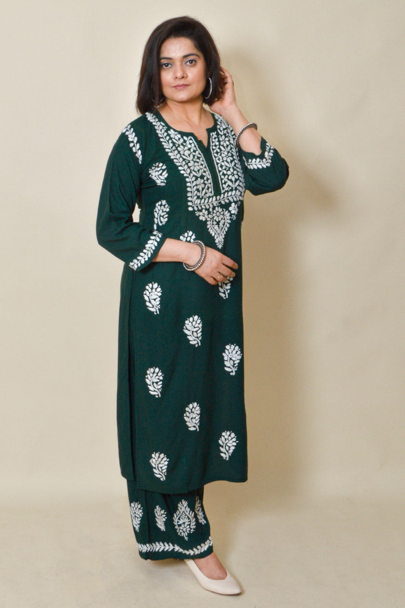 Olive Green color rayon cotton Lucknowi chikankari kurta bottom set