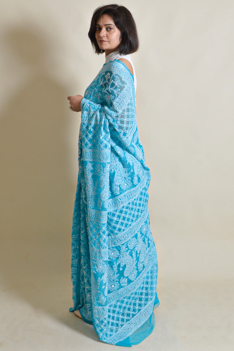 Turquoise Blue  Colour Georgette Lucknowi Chikankari Saree with Blouse