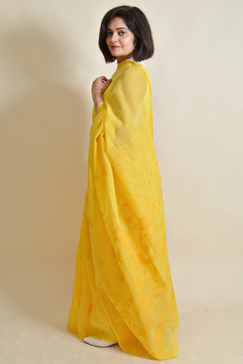 Yellow Colour Cotton Lucknowi Chikankari Saree With Blouse