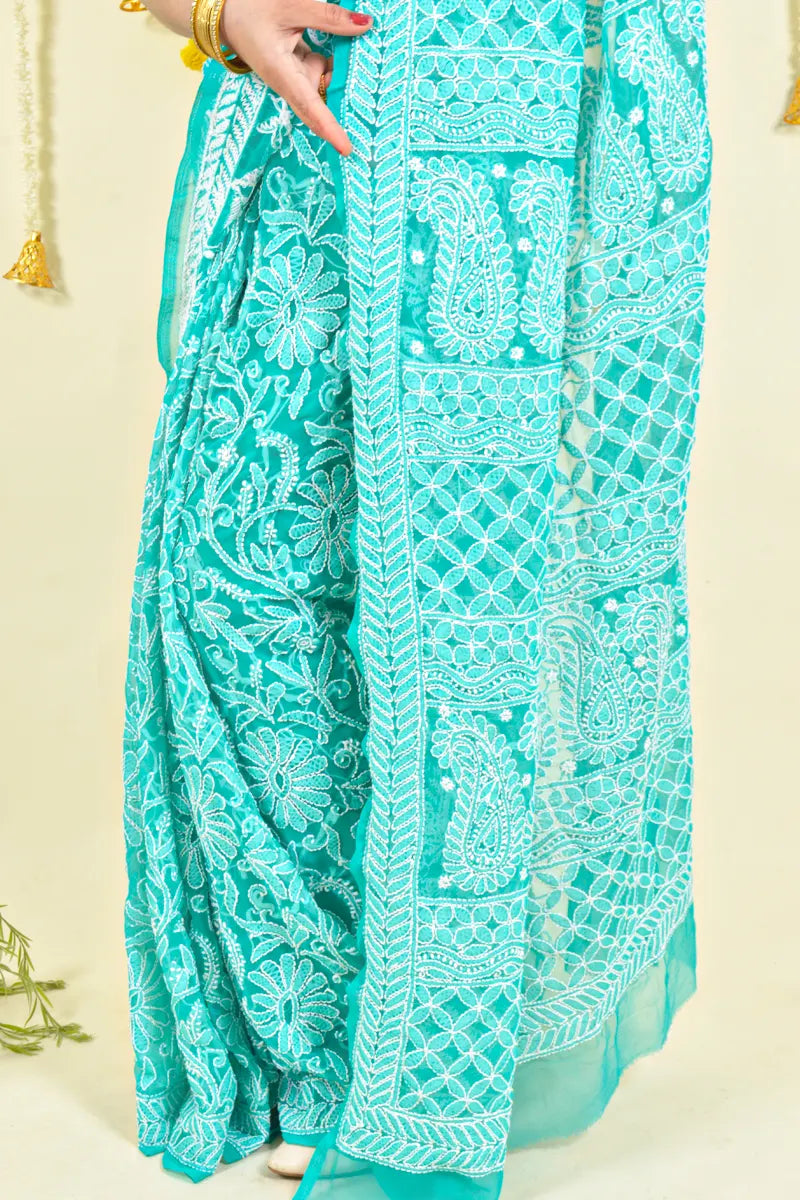 Aqua Blue Colour Georgette  Lucknowi Chikankari Saree With Blouse