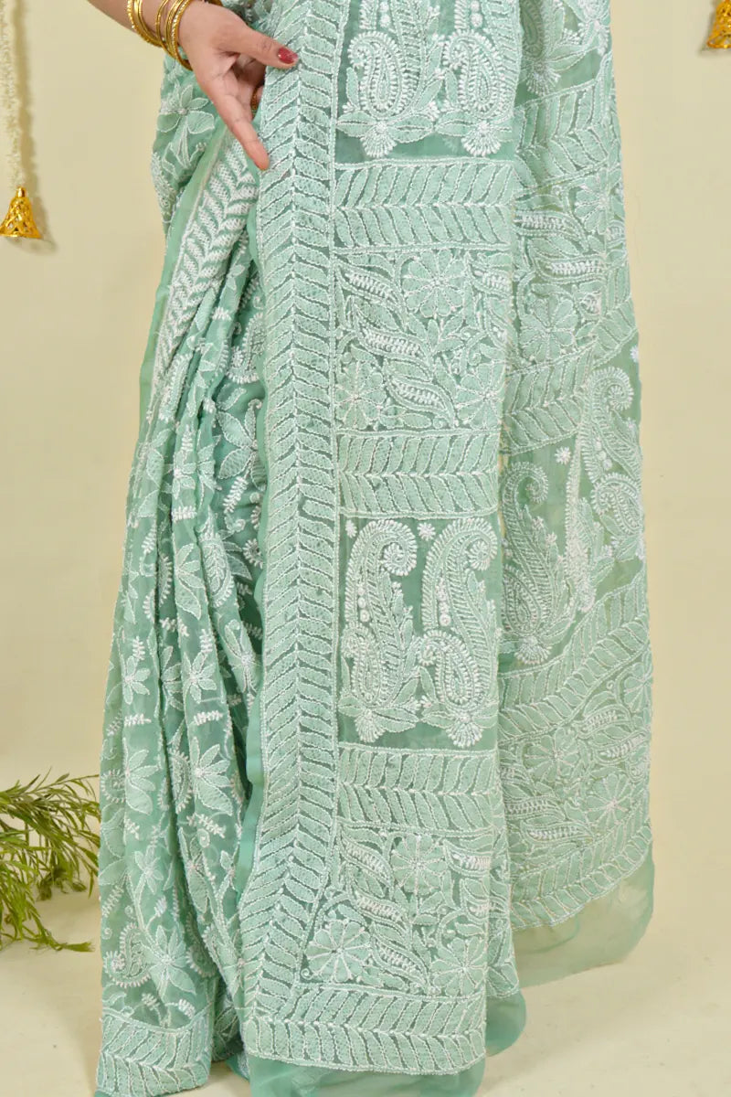 Pista Green Colour Georgette  Lucknowi Chikankari Saree With Blouse