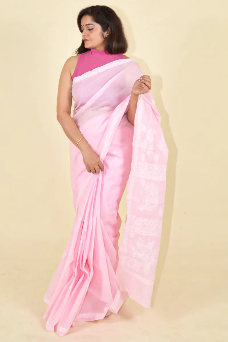 Pink Colour Cotton  Lucknowi Chikankari Saree With Blouse