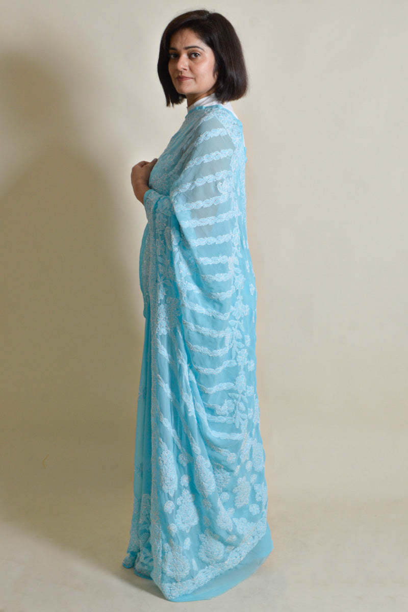 Sky Blue Colour Georgette Lucknowi Chikankari Saree With Blouse