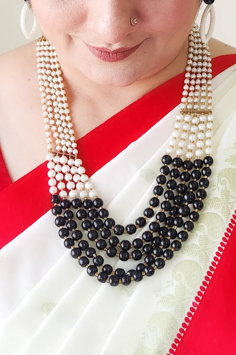 Black & White Color Beaded Layer Neckpiece  With Dangle Earrings