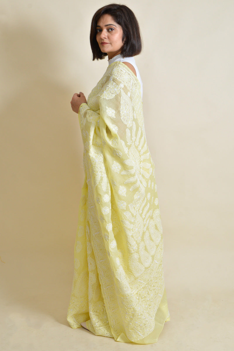 Lemon Colour Cotton Lucknowi Chikankari Saree Wth Blouse