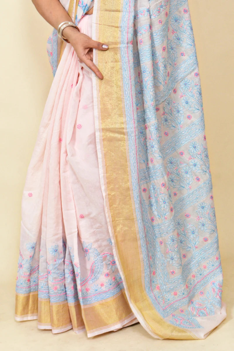 Pastel Pink Colour Chanderi Lucknowi Chikankari Saree With Blouse