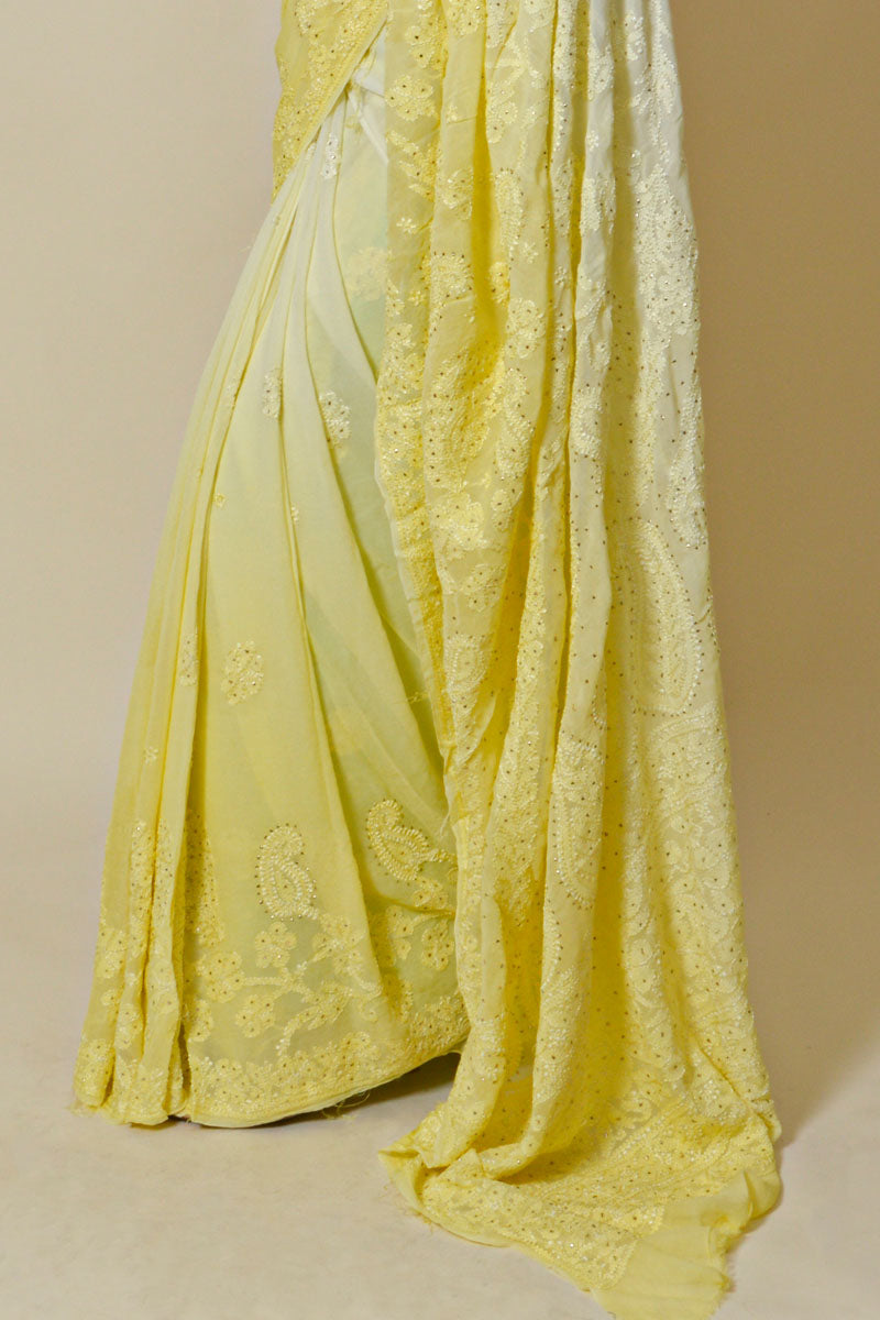 Shaded Lemon Color Viscose Lucknowi Chikankari saree with Mukesh work