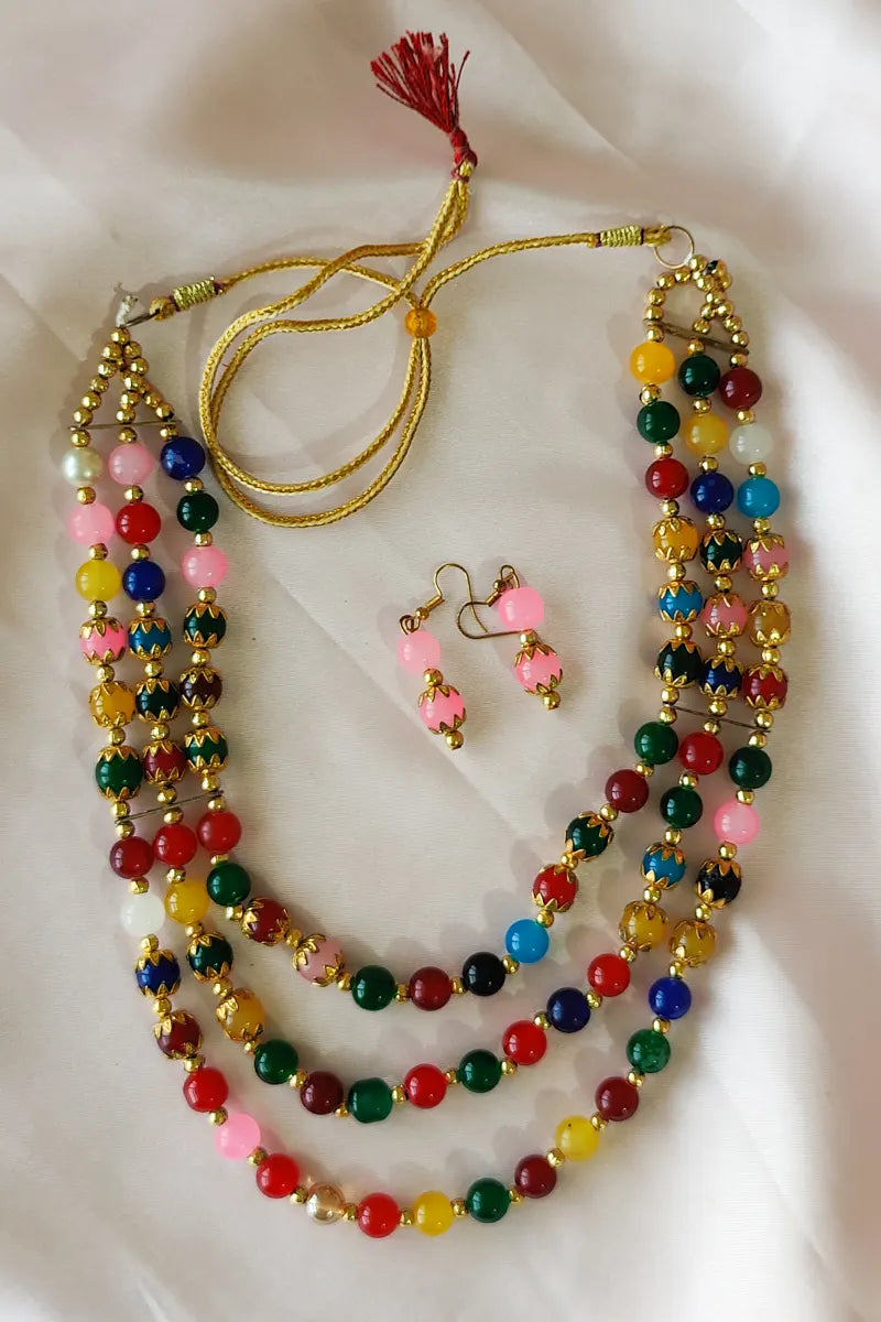 Multi Color Beaded Layer Neckpiece  With Dangle Earrings