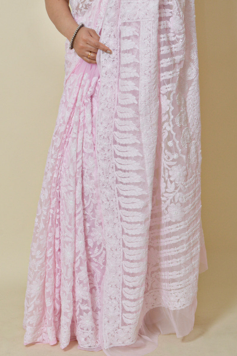 Baby Pink Colour Georgette Lucknowi Chikankari Saree With Blouse