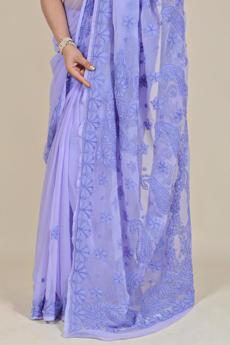 Lavender Colour Georgette Lucknowi Chikankari Saree With Blouse