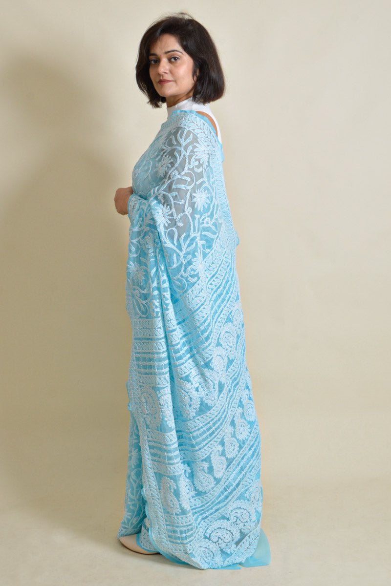 Sky Blue Colour Georgette Lucknowi Chikankari Saree With Blouse