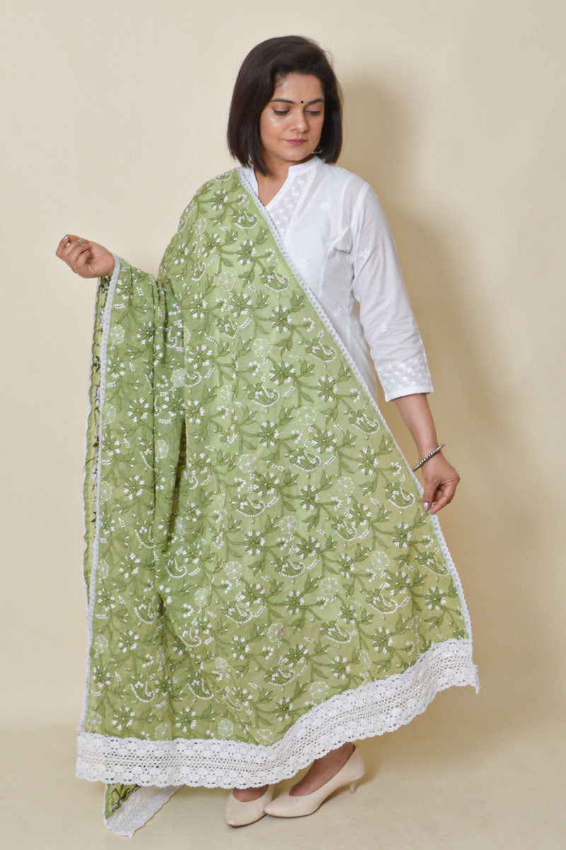 Green color cotton Allover Lucknowi Chikankari Dupatta