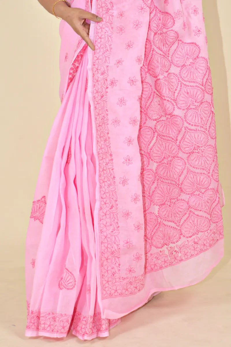 Pink Colour Cotton Lucknowi Chikankari Saree With Blouse