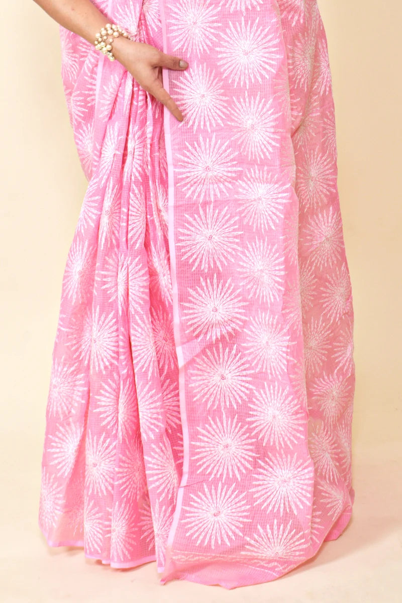 Pink Colour Kota Cotton Lucknowi Chikankari Saree With Blouse