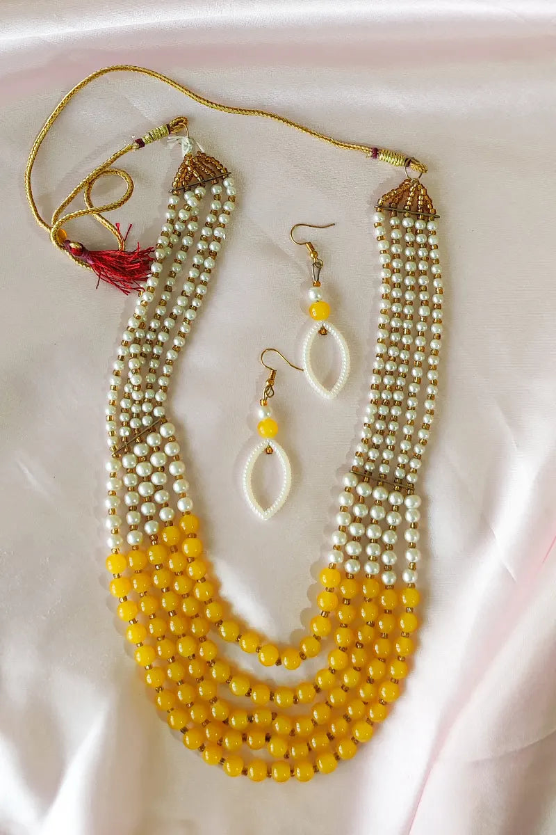 Yellow & White Color  Layer Necklace  With Dangle Earrings