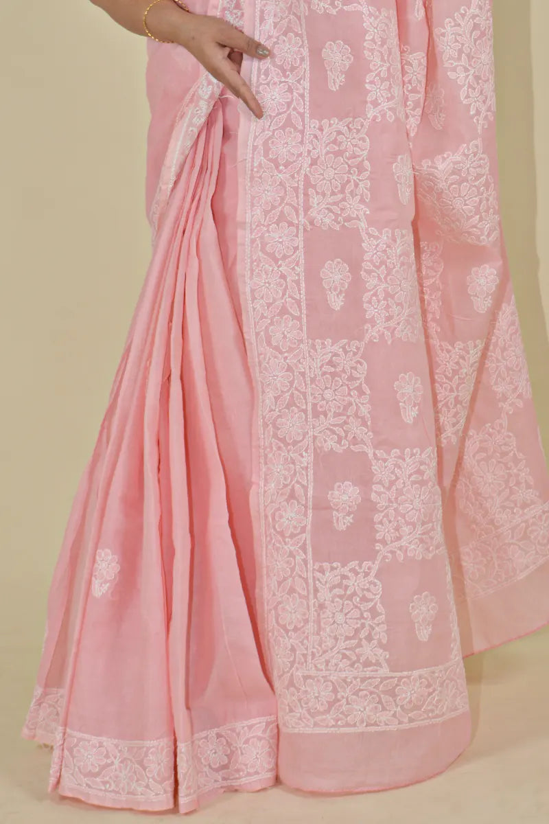 Peach Colour Cotton  Lucknowi Chikankari Saree With Blouse