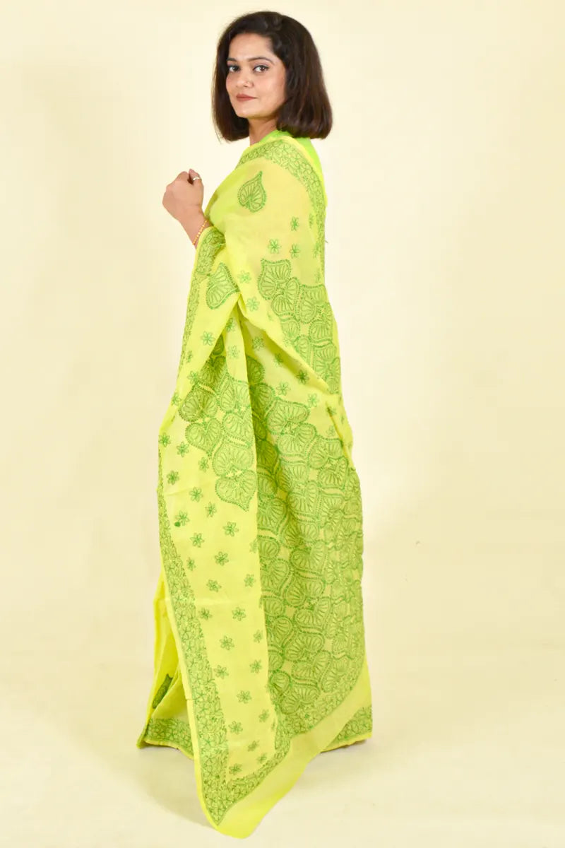 Green Colour Cotton Lucknowi Chikankari Saree With Blouse