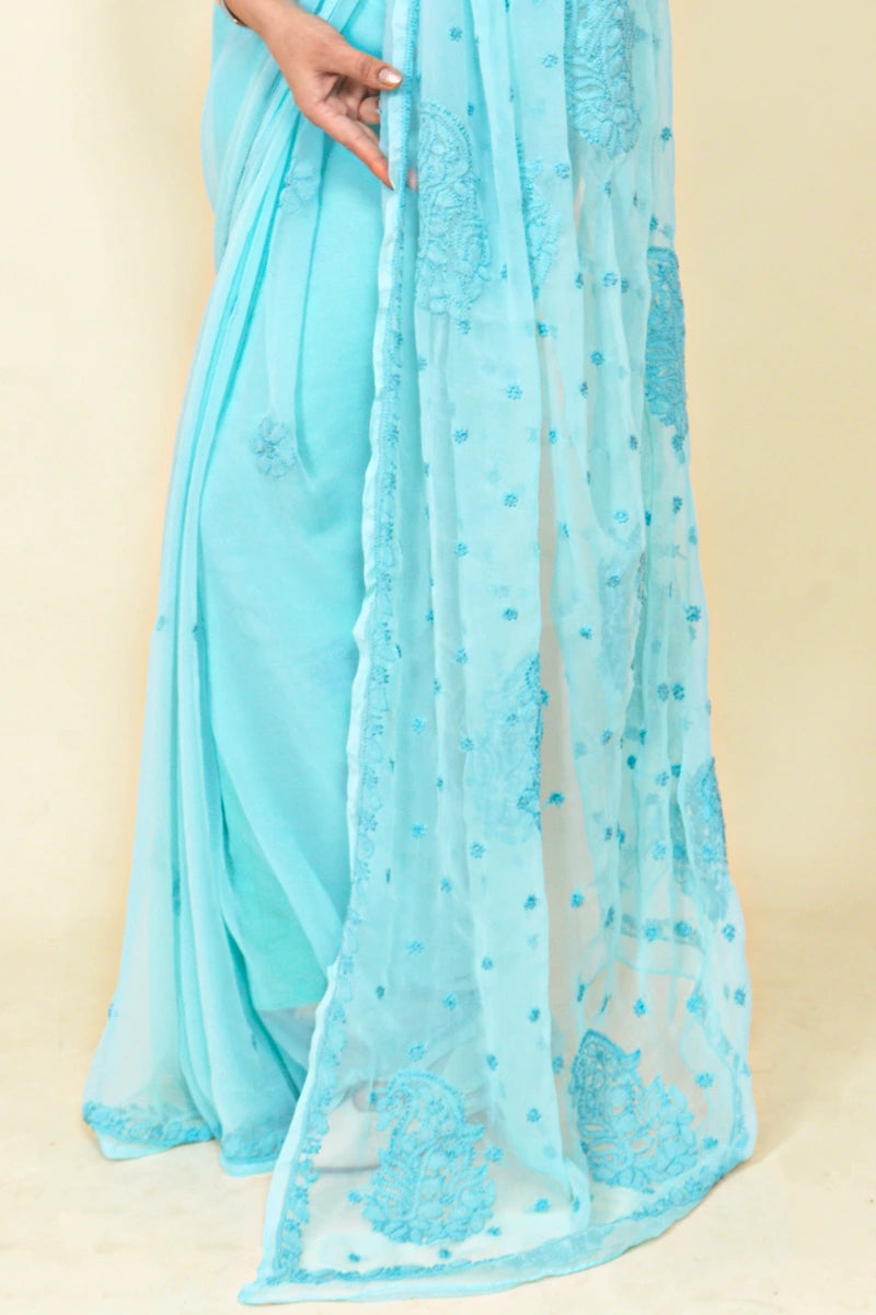 Sky Blue Colour Georgette Lucknowi Chikankari Saree With Blouse