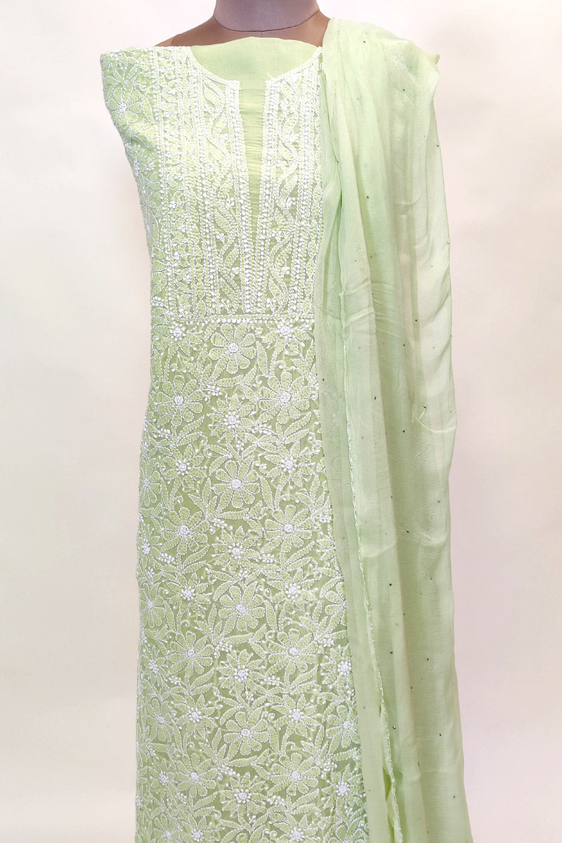 Green Colour Cotton Lucknowi Chikankari 3pcs Unstiched Suit Set