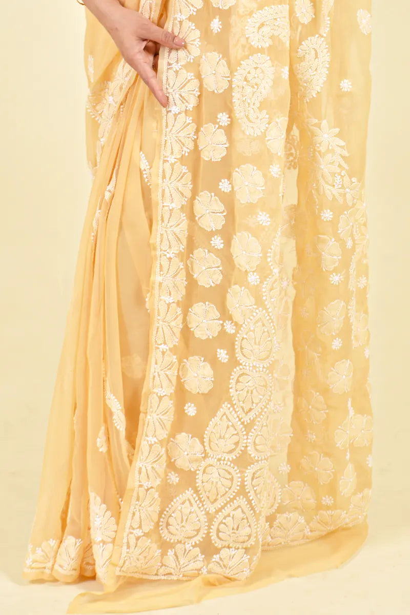 Beige Colour Georgette Lucknowi Chikankari Saree With Blouse