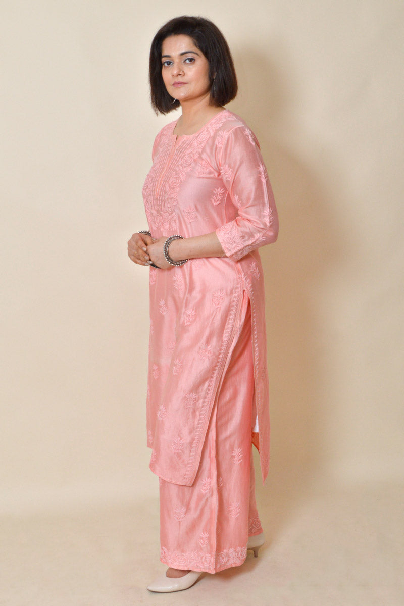 Peach color muslin Silk Lucknowi Chikankari Kurta Bottom set