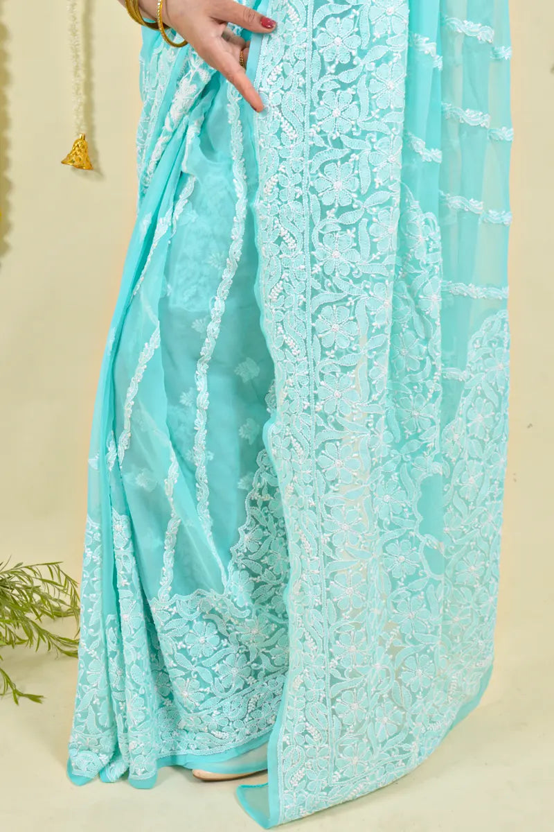 Sea Green Colour Georgette Lucknowi Chikankari  Saree With Blouse