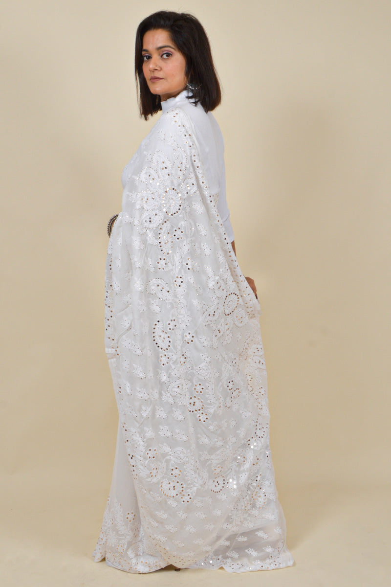 White Colour Viscose Lucknowi Chikankari Saree With Mukesh Work