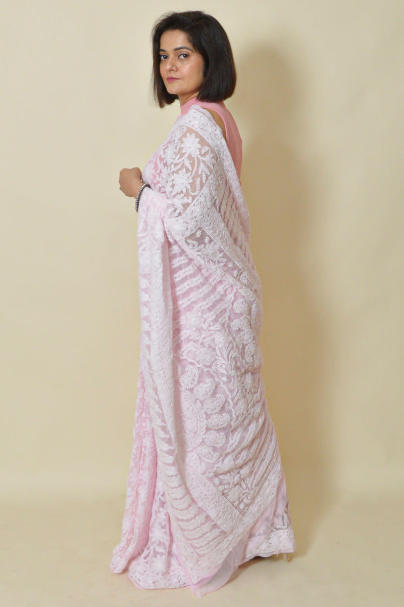 Baby Pink Colour Georgette Lucknowi Chikankari Saree With Blouse