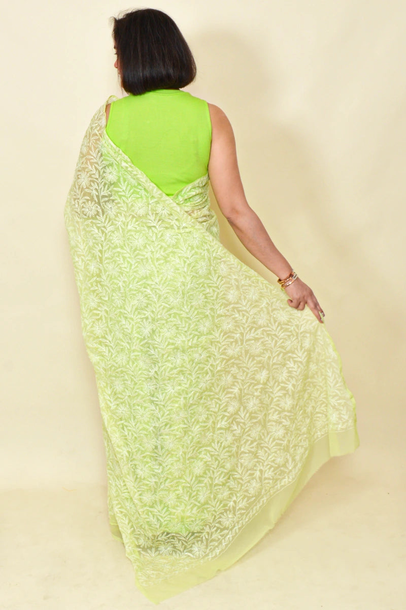 Green Colour Georgette Tepchi Work Lucknowi Chikankari Saree With Blouse