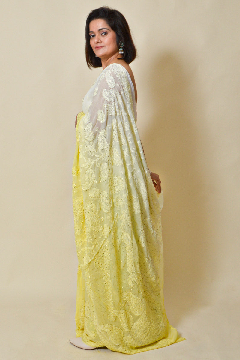 Shaded Lemon Color Viscose Lucknowi Chikankari saree with Mukesh work