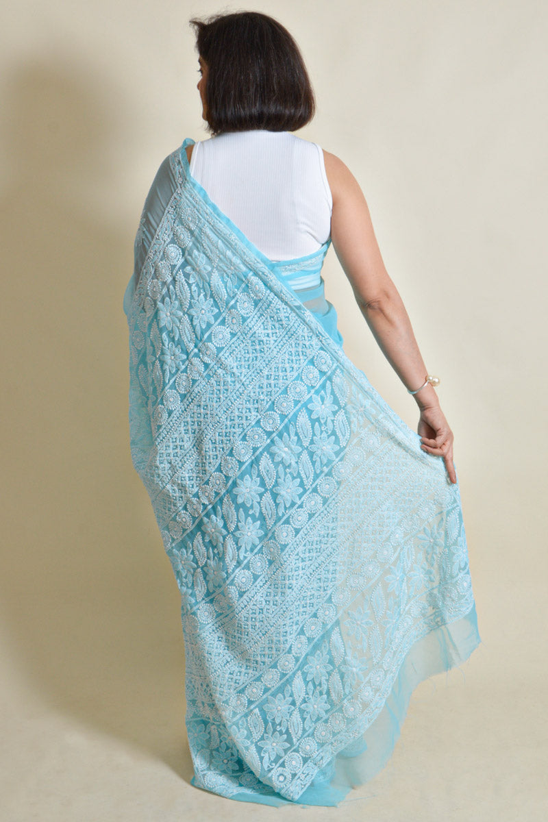 Sky Blue Colour Georgette Lucknowi Chikankari Saree With Blouse