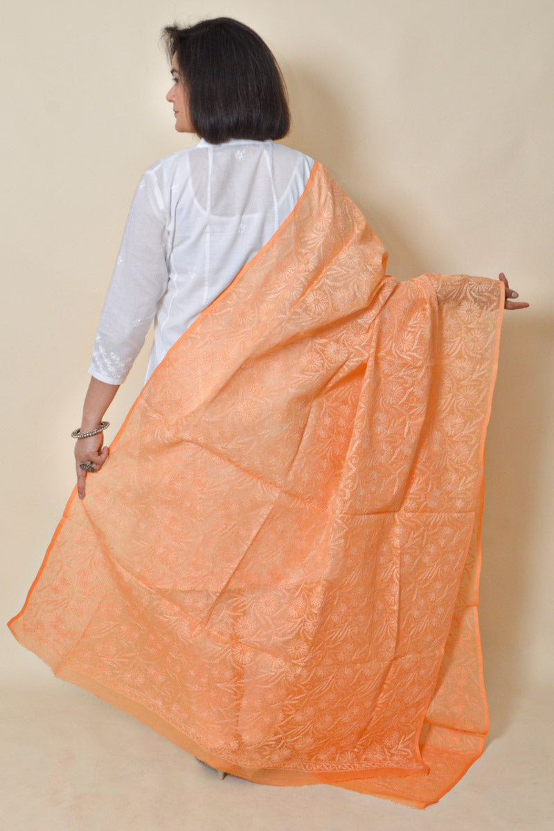 Orange color Kota cotton Allover Tepchi work  Lucknowi Chikankari Dupatta