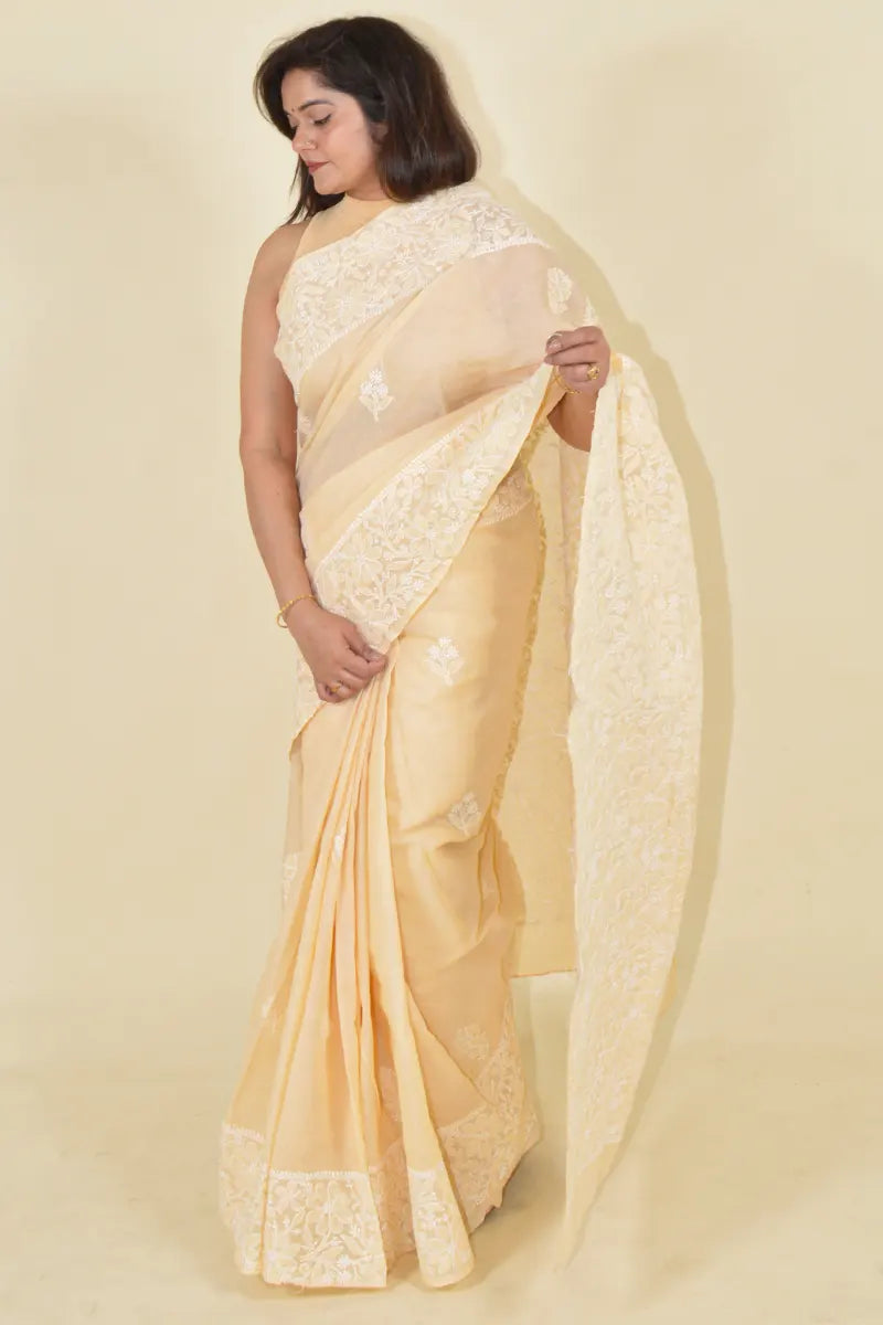 Beige Colour Cotton  Lucknowi Chikankari Saree With Blouse