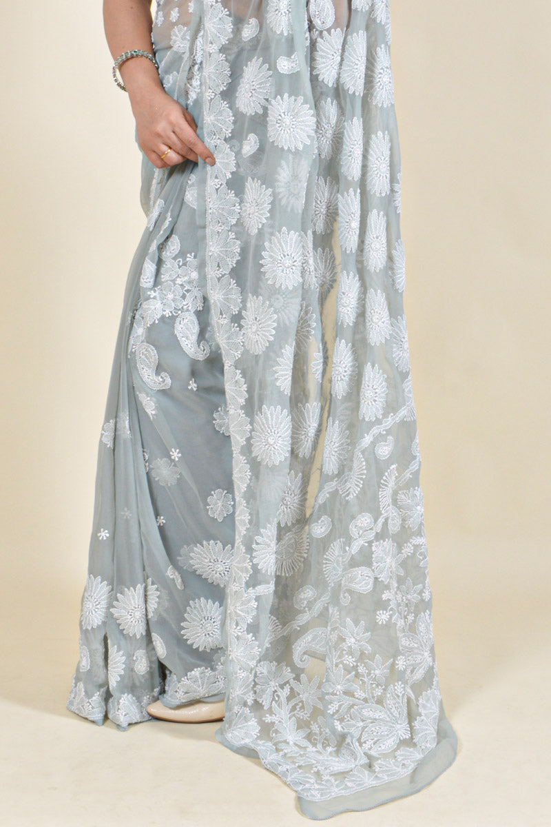 Gray Colour Georgette Lucknowi Chikankari Saree With Blouse