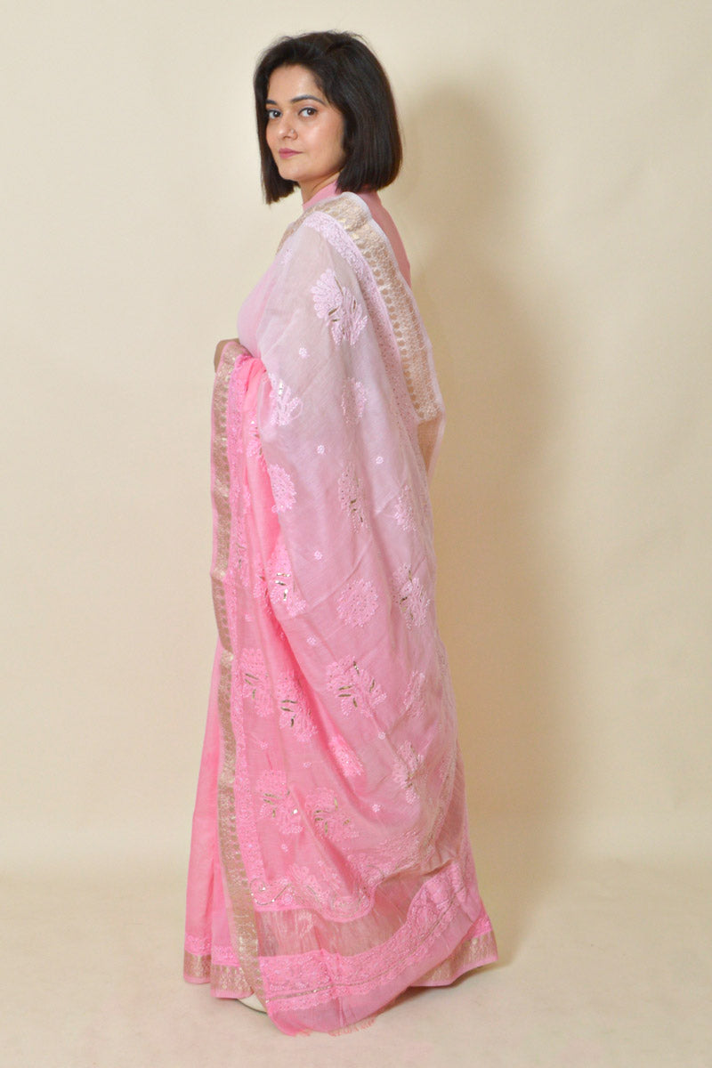 Pink Colour Chanderi Lucknowi Chikankari saree with Blouse