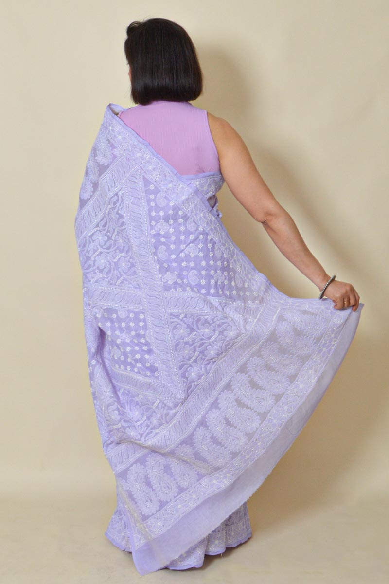 Lavender Colour Cotton Lucknowi Chikankari Saree With Blouse