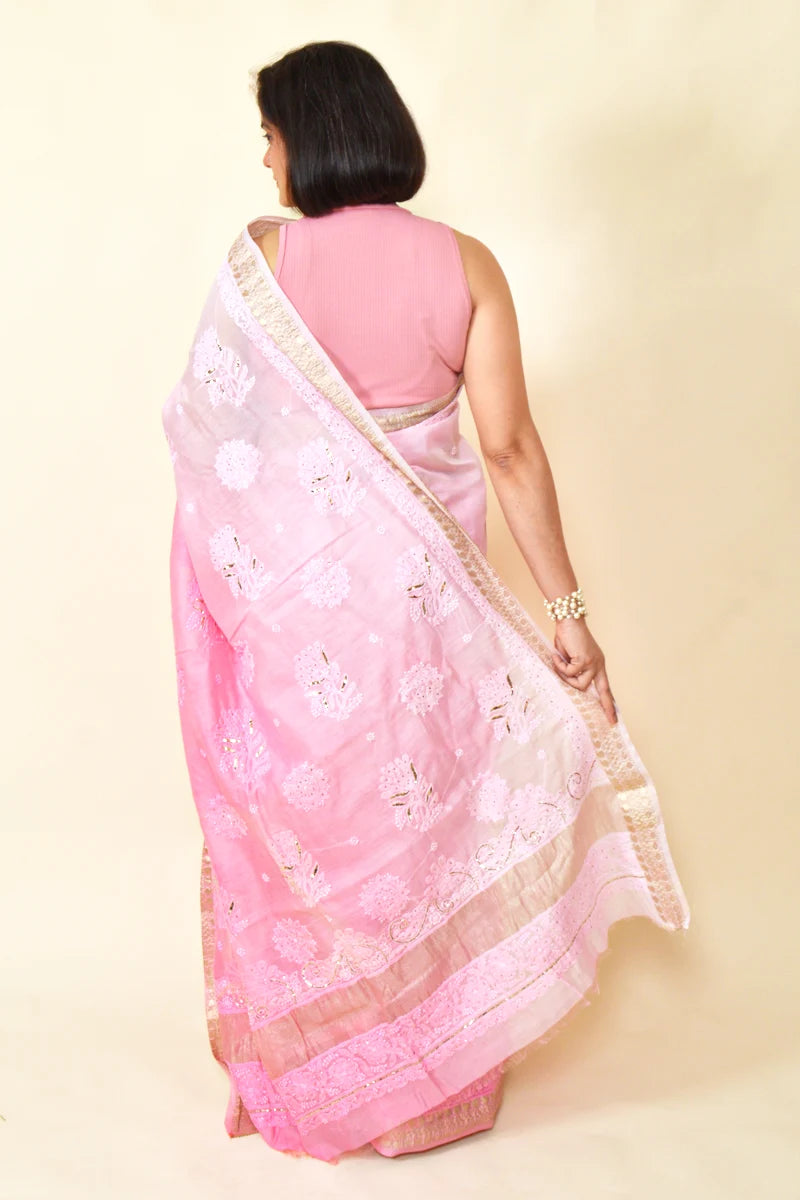 Pink Shaded Colour Chanderi  Lucknowi Chikankari Saree With Blouse