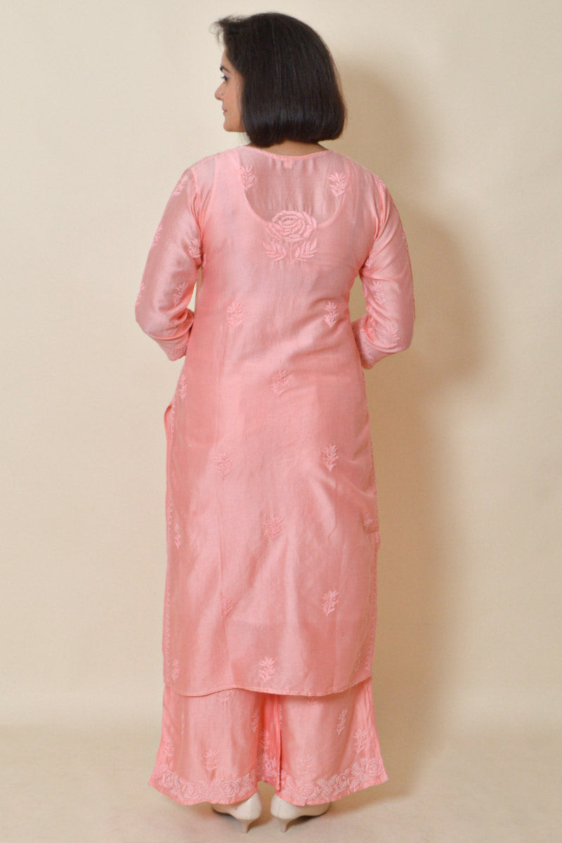 Peach color muslin Silk Lucknowi Chikankari Kurta Bottom set