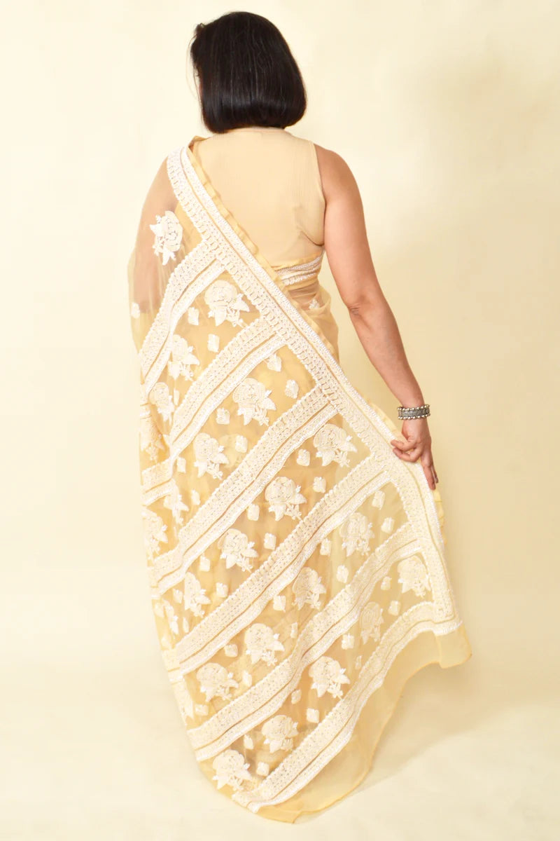 Fawn  Colour Georgette Lucknowi Chikankari Saree With Blouse